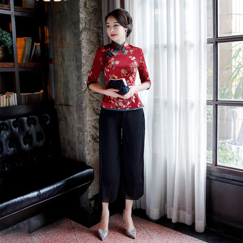 Spring new Tang suit cheongsam blouse improved fashion Chinese seven-point sleeve mother dress wedding banquet suit large 4XL