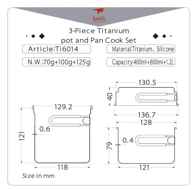 Keith titanium Ti6014 3 шт кастрюля и сковорода поварской набор-2400 мл