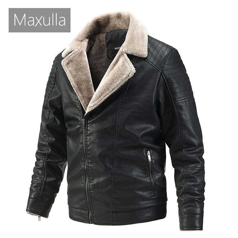 

Maxulla Winter Mens PU Jackets Causal Fleece Warm Biker Leather Coats Male Fur Collar Faux Leather Motorcycle Jackets Clothing