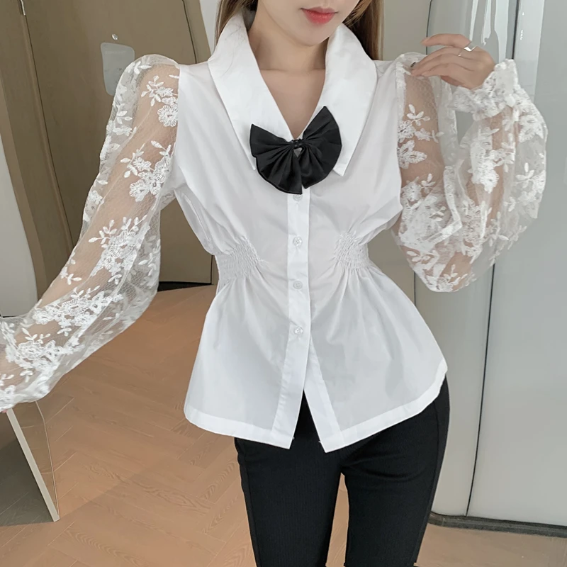 Korean Womens Blouses Turn Down Collar Vintage Lace Stitching Bow tie Blusas Folds White Shirt Casual Long Sleeve Feminine Tops | Женская