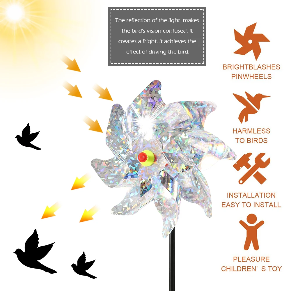 10pcs Bird Repeller Pinwheel Drive Away Birds Sparkly Spinner Bird Deterrant Protect Garden