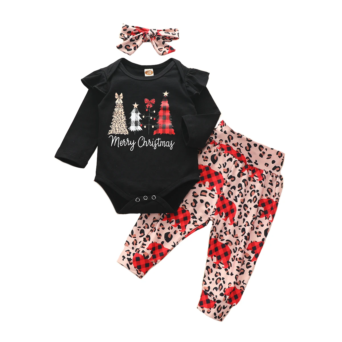 

RU Christmas Baby Girls 3Pcs Set Ruffle Long Sleeve Letter Printed Bodysuit+Leopard Trousers+Headband