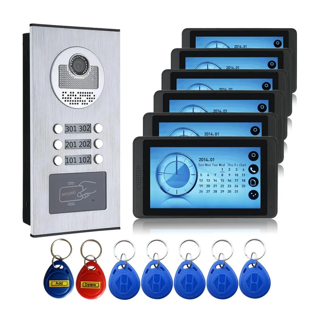 

Видеодомофон для квартиры/семьи, 6 кнопок вызова, камера с 6 мониторами, RFID разблокировка, дверной звонок, видеозапись, Система домофона