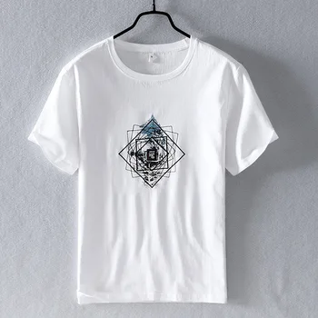 

Chinese Style Embroidery Short Sleeve T-Shirt Men's Casual White Linen Splice Tops Fashion Summer T shirt Y2800