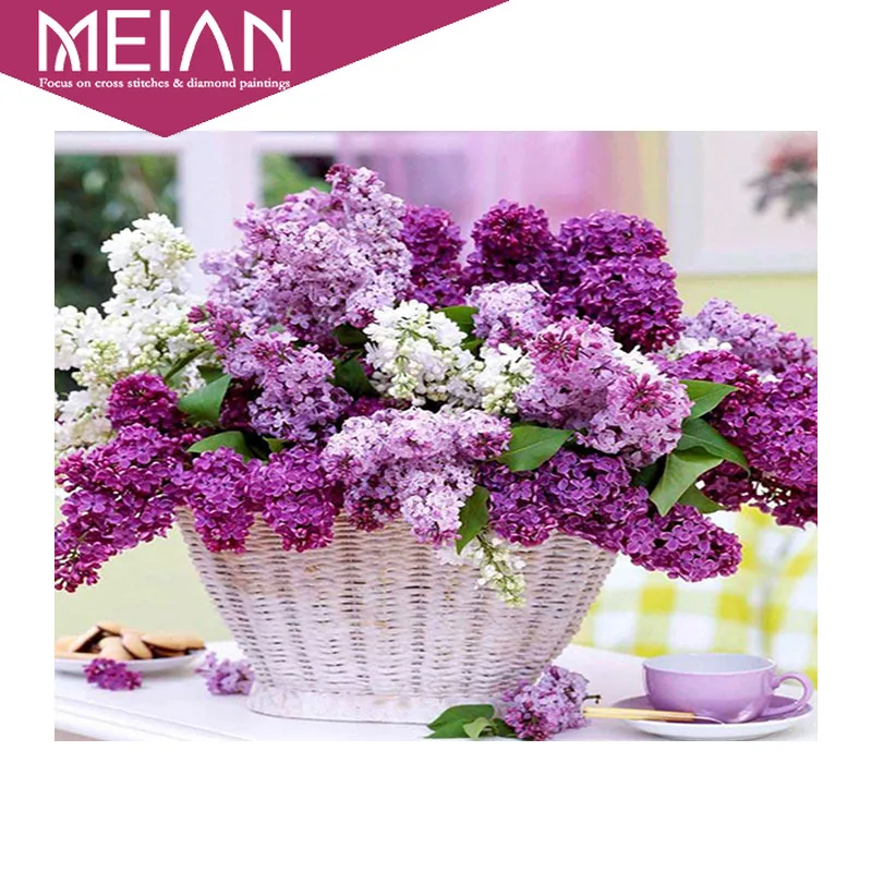 Алмазная живопись MEIAN Flower 2020 полная дрель круглая фиолетовая и сиреневая мозаика