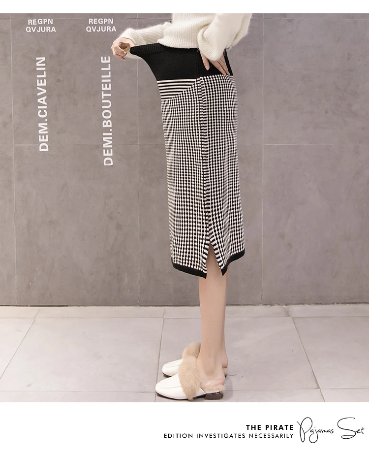 Pregnant Women Knitted Skirts Side Split Mid-Calf Maternity Plaid Belly Skirts Fashion Printing Pregnancy Empire Pencil Skirts