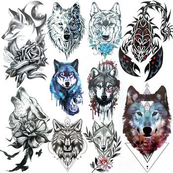 

Face Coyote Scorpion Temporary Tattoo For Men Women Kids Black Wolf Monster Tatoo Sticker Flower Forest Water Transfer Tattoo