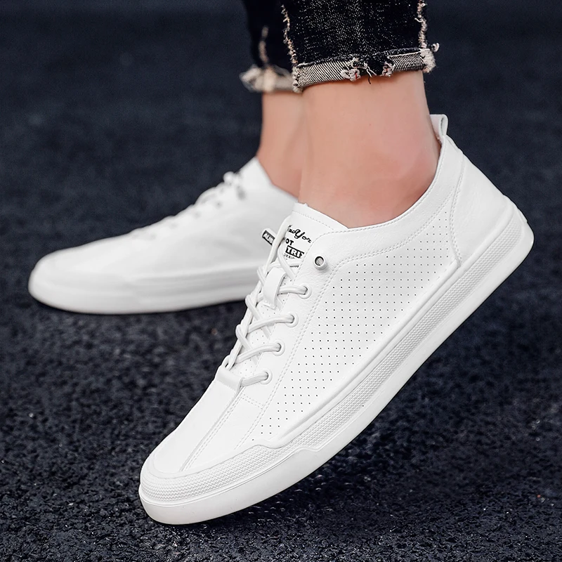 Дизайнерские Модные мужские кожаные кроссовки на плоской подошве белые уличные