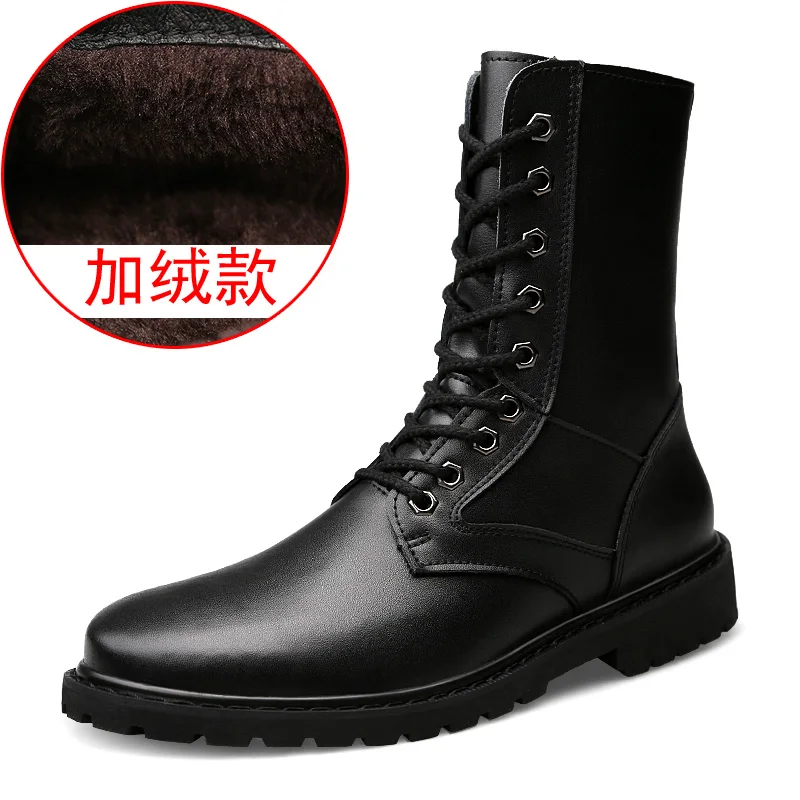 

Retro Combat Boots Winter Plush British Style Real Leather Military Boots Charm Low Heels Snow Men Boots
