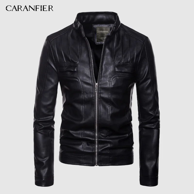 Черный CARANFIER мужские Куртки из искусственной кожи, пальто, мотоциклетные кожаные куртки, Мужская Осенняя Весенняя кожаная одежда, мужские повседневные пальто, одежда 3XL - Цвет: Черный