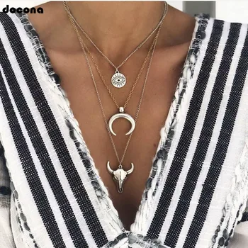 docona Vintage Silver Color Eye Moon Bull Head Multi Layer Necklace for Women Geometric Layered Necklace Collares C18107