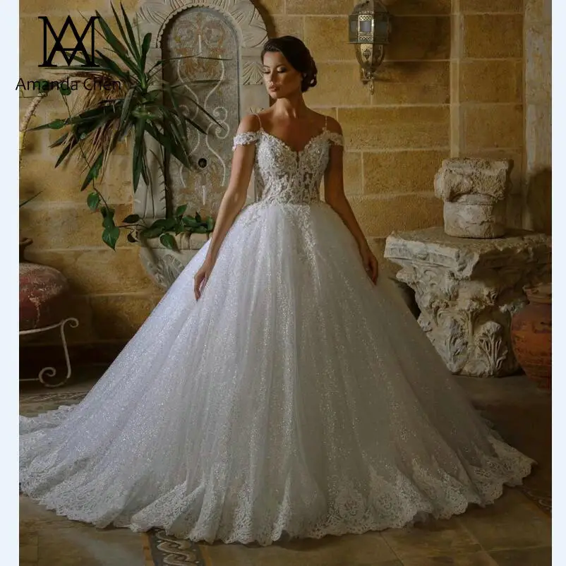 Слоновая кость Brautkleid robe de mariage с открытыми плечами кружева аппликация прозрачный блеск свадебное платье - Цвет: Слоновая кость