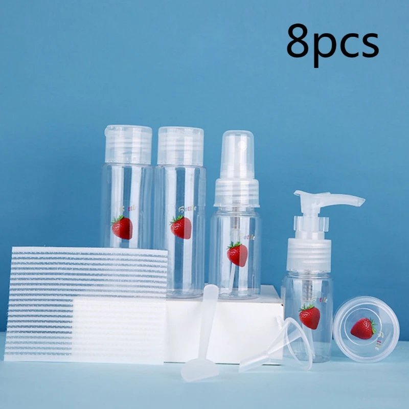 

8Pcs Travel Empty Bottles Set Strawberry Clear Makeup Toiletry Container Sprayer