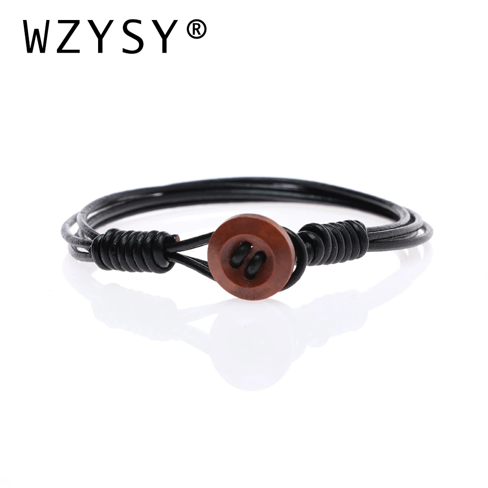 

Black hand woven hand rope natural solid wood button multi-layer cowhide rope simple fashion bracelet female jewelry
