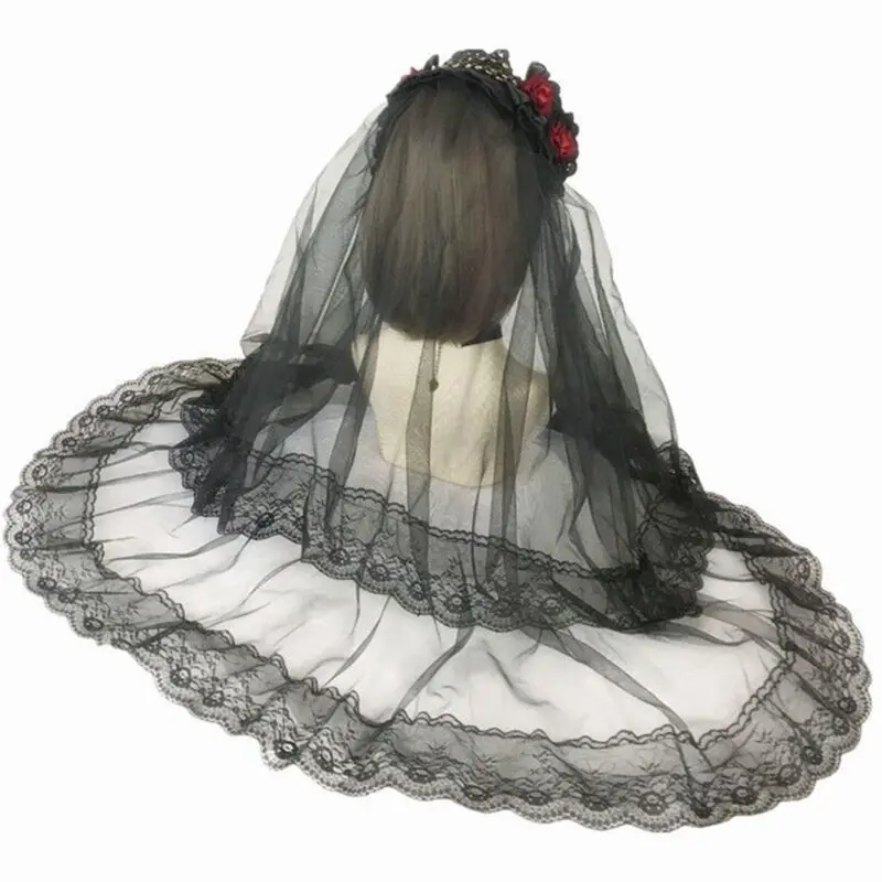 

2 Layer Rose Beads Chain Wedding Veil Floral Lace Rim Black Tulle Mesh Headband