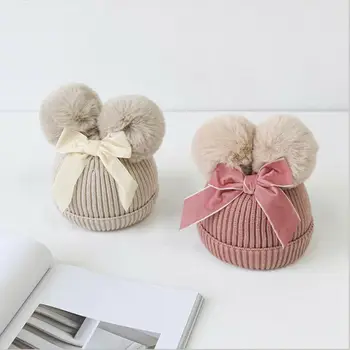 

Hirigin Winter Baby Girl Korean Style Cute Stuff Double Pompom Plush Bow Thicker Stretchy Warm Knitted Hat Beanie Bonnet