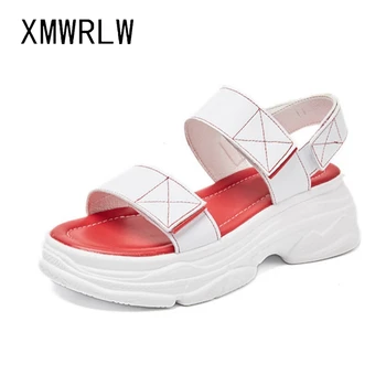 

XMWRLW 2020 Summer Women Sandals Genuine Leather Ladies Shoes High Heels Women Summer Sandals Casual Hook & Loop Woman Shoes