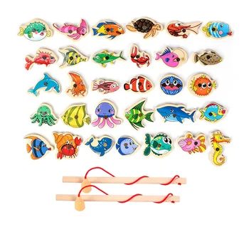 Wooden Magnetic Fshing Game Cartoon Marine Life Cognition Fish Rod Toys for Children Early Educational Parent-child Interactive 5