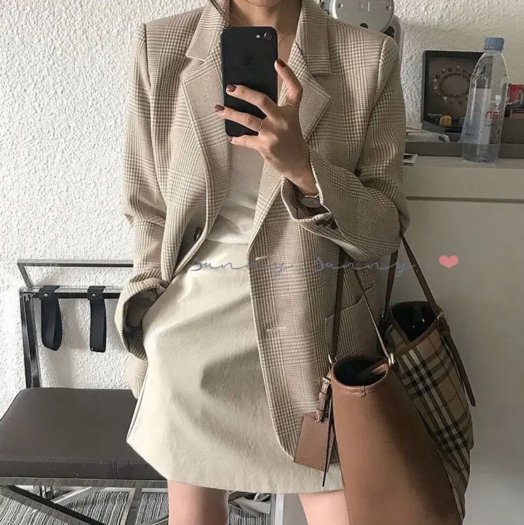 

Women Plaid Blazer Coat Houndstooth Pattern Single-breasted Female Suit Jackets 2019 Autumn Loose Outwear Femme