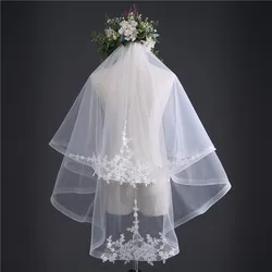 Newest Ivory Bridal Veils Lace Applique Short Two Layers  Wedding Bride Veil with Comb IN STOCK