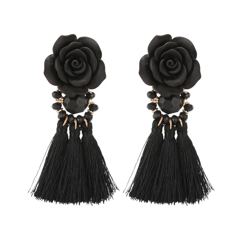 Вечерние ничные серьги крупные черные с длинными кисточками и большими цветами
