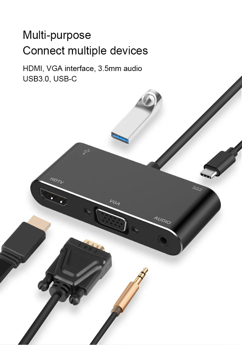 5 в 1 type C к HDTV VGA USB 3,0 адаптер конвертер с 3,5 Jack USB-C адаптер для Mac Air Pro huawei P30 P20 samsung S9 S8