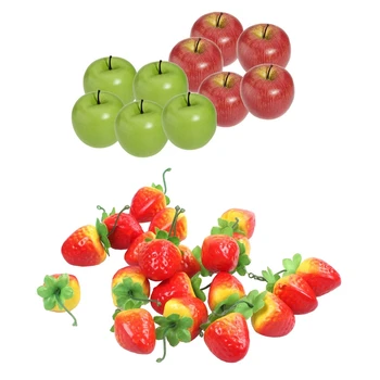 

10Pcs Decorative Artificial Apple Plastic Fruits Imitation Home Decor Red and Green & 20 Artificial Ornament Red Strawberry-Fake