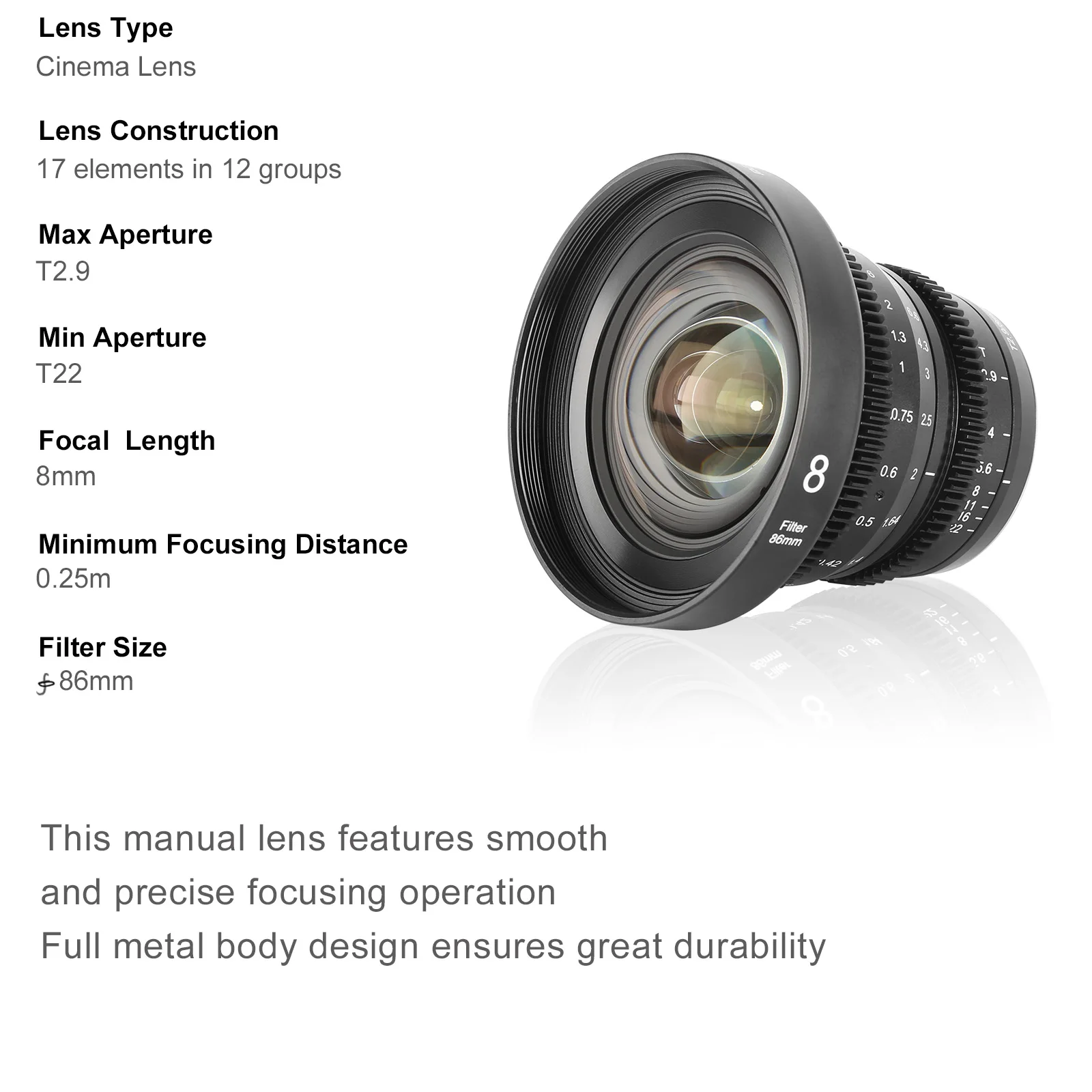 Meike Cine Lens 8mm T2.9 for for Micro Four Thirds (MFT, M4/3) Mount Olympus Pan