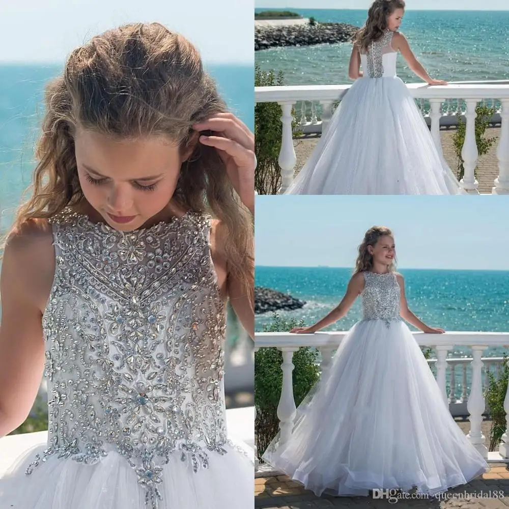 

Bling Beaded Rhinestone Jewel Neck Sleeveless Little Girls Pageant Gowns Buttons Back Long Tulle Flower Girls Dresses