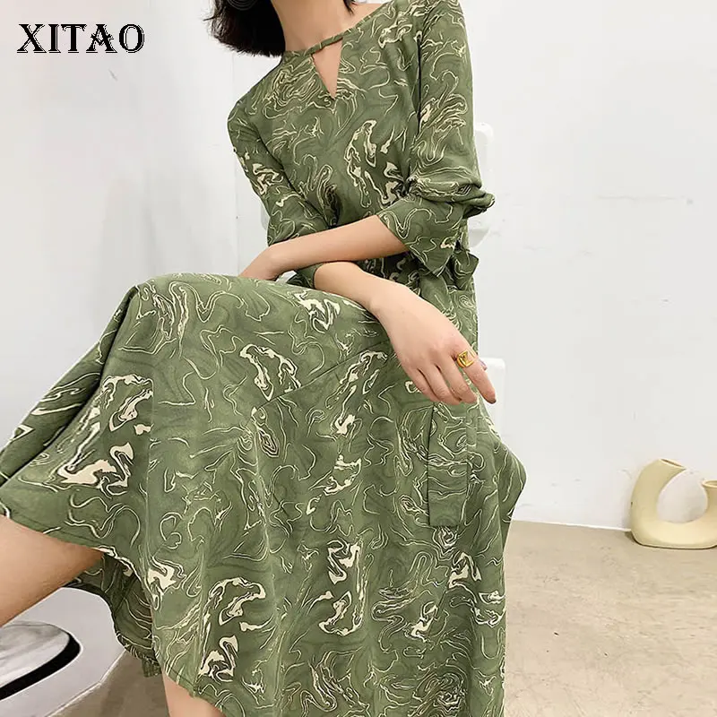 

XITAO Abstract Suit Print Sashes Dress 2020 Spring New Women Clothes Pleated Pullover Full Sleeve Slim Elegant Dress DMY3113