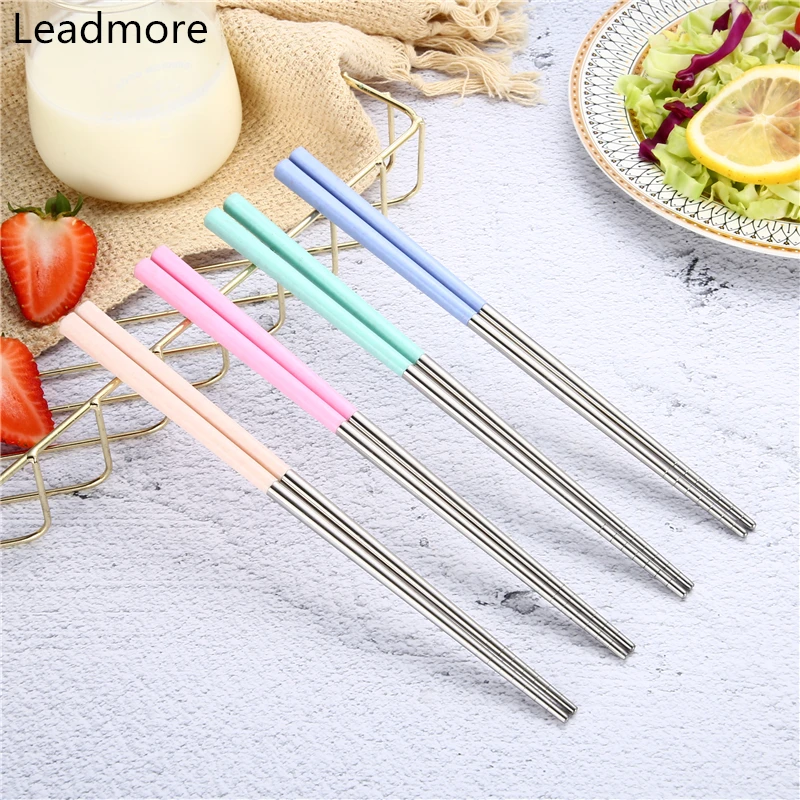 23cm Leadmore 4 пары 304 китайские палочки для еды из нержавеющей стали с ручкой из пшеничной соломы Многоразовые палочки для еды набор палочек для суши - Color: 23cm