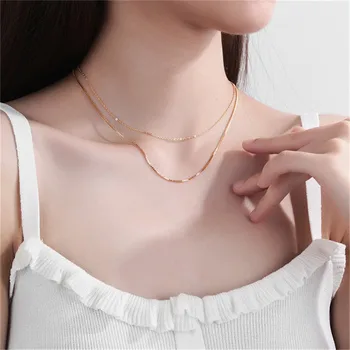 

RUIYI Real 925 Sterling Silver Women Fashion Double Layered Box Chain Chokers Girls Cold Wind Niche Curb Chain Clavicle Necklace