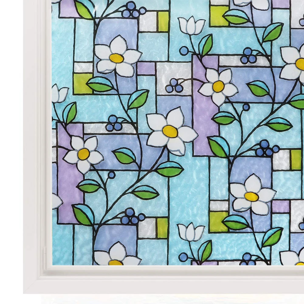 

Stained Glass Window Film Color Flower Pattern Privacy Window Decorative Glass Film No Glue Anti-UV Window Self-adhesive Sticker