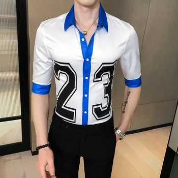 

Fashion 2020 Summer Half Sleeve Men Dress Shirt Brand New Figure Print Social Shirts For Men Slim Fit Casual Blouse Men