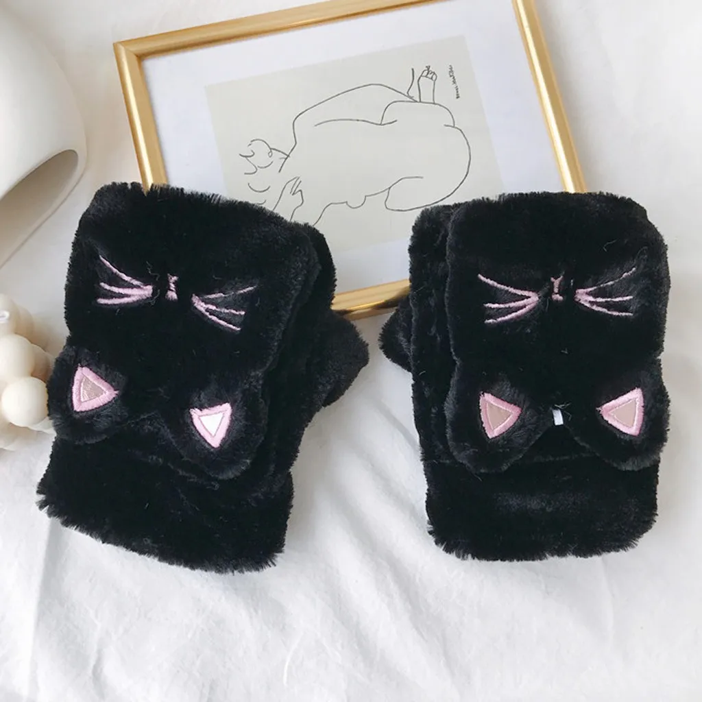 Милые кошачьи перчатки женские полупальчиковые утепленные плюшевые перчатки Rekawiczki Damskie милые животные перчатки для женщин девочек