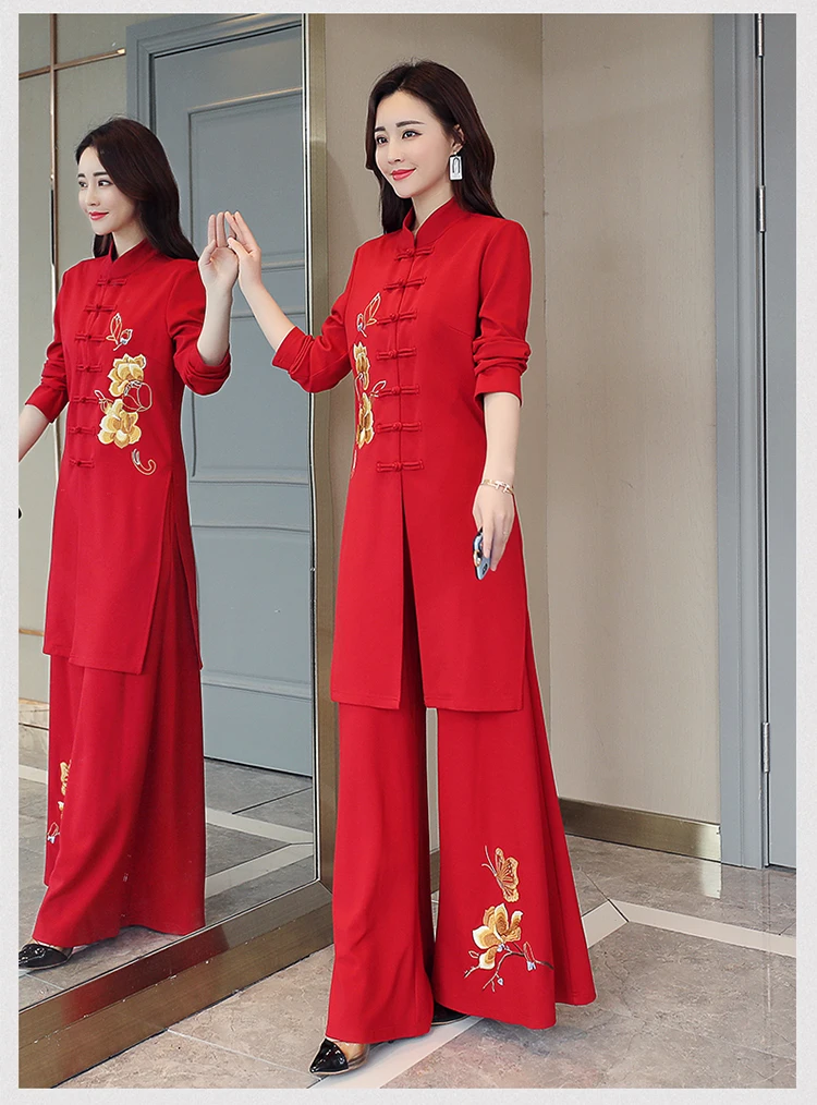 estilo chinês conjunto de duas peças femininas moda nacional bordado calças perna larga roupas do vintage terno conjuntos de mujer