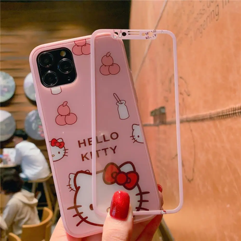 A Hello kitty из закаленного стекла Двухсекционный чехол для телефона для iphone 11 Pro Max 6 6splus 7 8 plus X XR XS MAX прекрасная закаленная пленка - Цвет: A