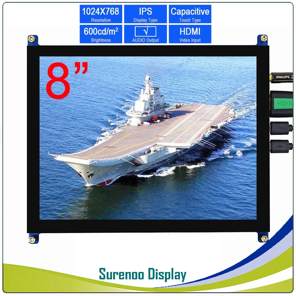 

8/8.0" 1024*768 4:3 Higher Brightness HDMI LCD Module Display Monitor IPS Screen with USB Capacitive Touch Panel Audio Output