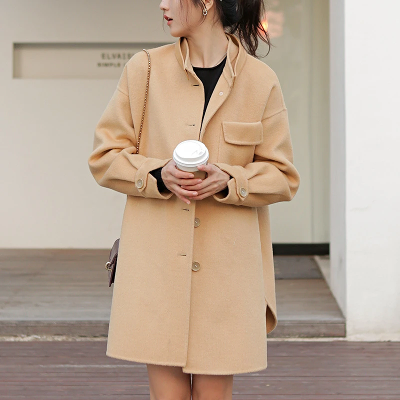 Abrigo largo de lana tipo camisa para mujer, abrigo de tela de diseño con cuello de qiu dong, para verano|Lana mezclas| - AliExpress