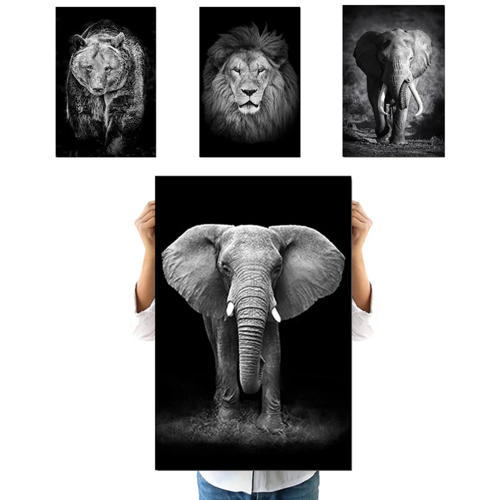 

54 Style Black White Fierce Animal Canvas Painting Nordic Lion Elephant Tiger Posters Living Room Decorative Painting Pictures