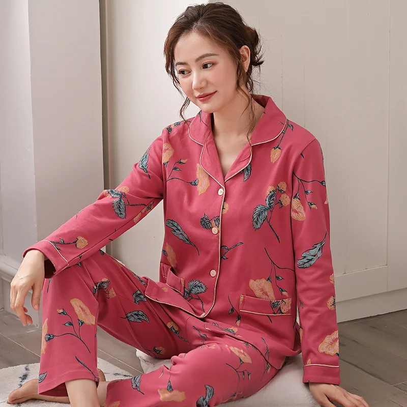 

Autumn Women Pajamas Sets With Pants Cotton Pijama Plus Size Pyjama Flower Print Nightwear 2 Piece Set Long Sleeve Sleepwear