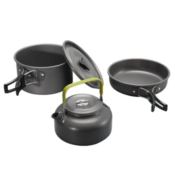 

3pcs Traveling Hiking Non Stick Aluminum Alloy Pot Pan Teapot Kit Rustproof Combination Camping Cookware Set Corrosion Resistant