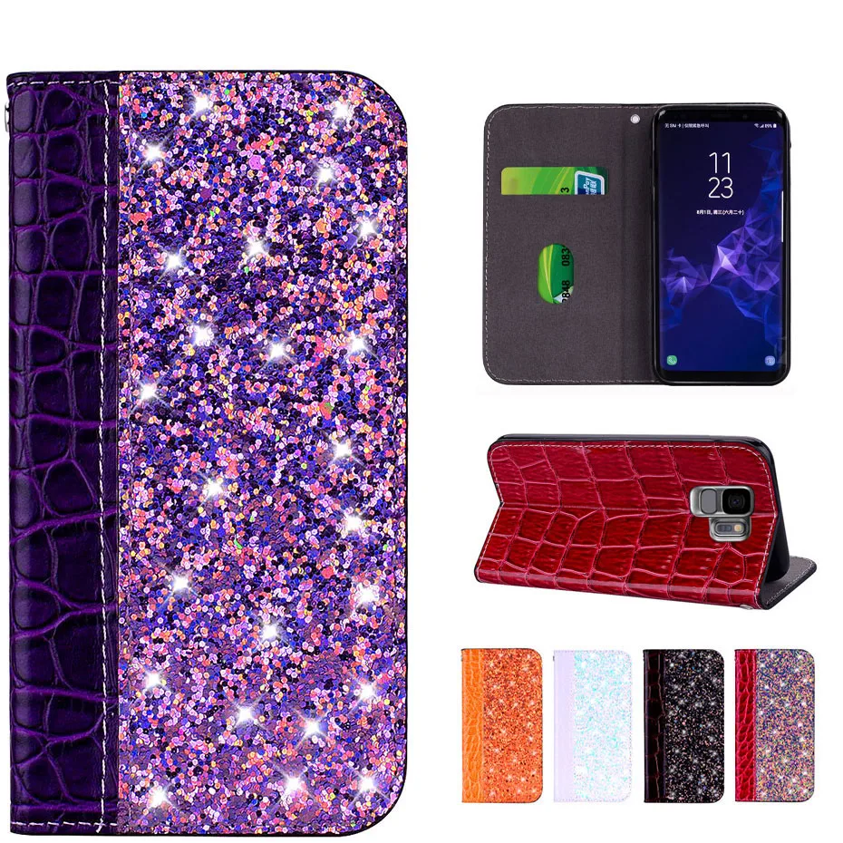 

PU Leather Flip Wallet Case for Samsung Galaxy S9 S8 J3 J4 J5 J6 J7 J8 Prime 2017 2018 Plus Note 9 XCOVER4 Glittering Phone Case