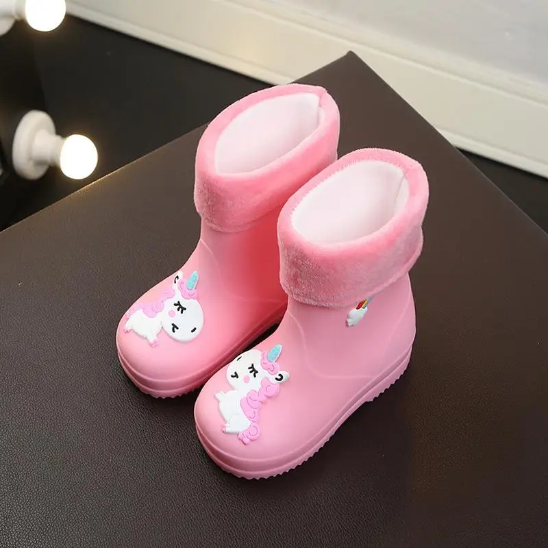 Новые резиновые сапоги для детей, для девочек, резиновые сапоги для маленьких мальчиков, водонепроницаемая детская обувь с рисунком единорога/кроликов, все сезоны, съемные - Цвет: Pink Unicorn