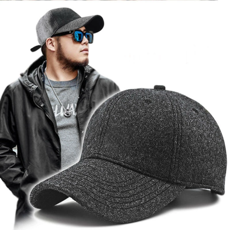 Male Winter large size felt baseball cap big head men fleece-lined sport hat plus size wool snapback caps 56-60cm 61-68cm