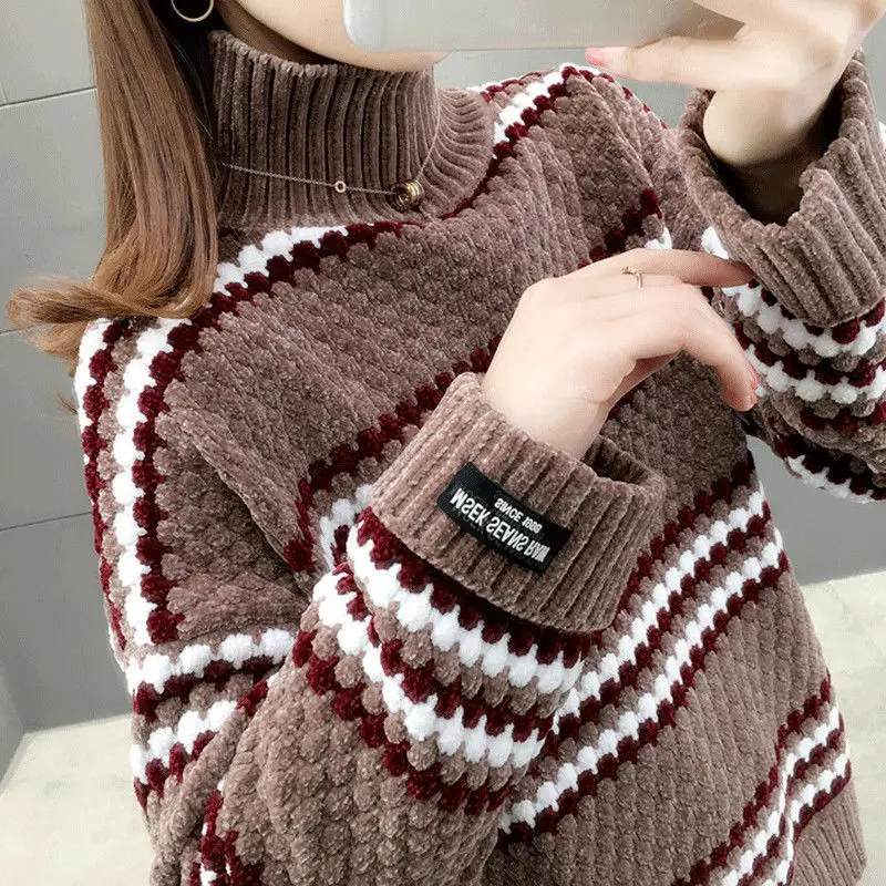 Women 2021 Fashion Soft Touch Loose Knitted Sweater Korean Vintage High Neck Long Sleeve Female Pullovers Chic Tops pink sweater Sweaters