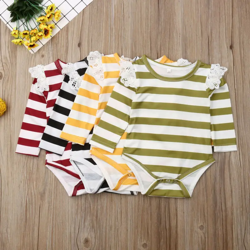 

5 colors Cotton Striped Long Sleeve Bodysuit For Newborn and Baby Girls
