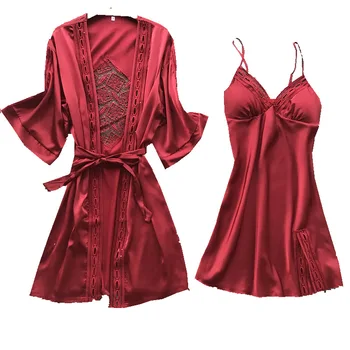 

SIMISI 2pcs Nightgown Suit Rayon Solid Openwork Sexy Bathrobe with Chest Pad Silk Sleepwear Sets Home Clothes Summer