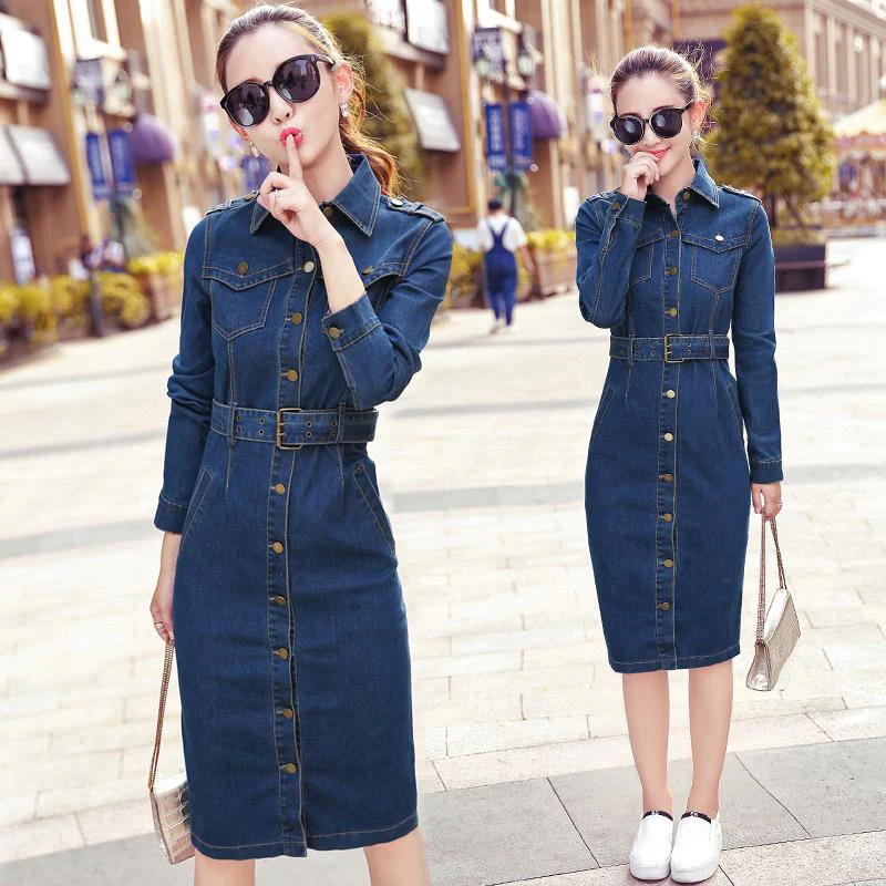 Women Denim Dress Autumn Casual Slim Lapel Long Sleeves Denim Knee ...