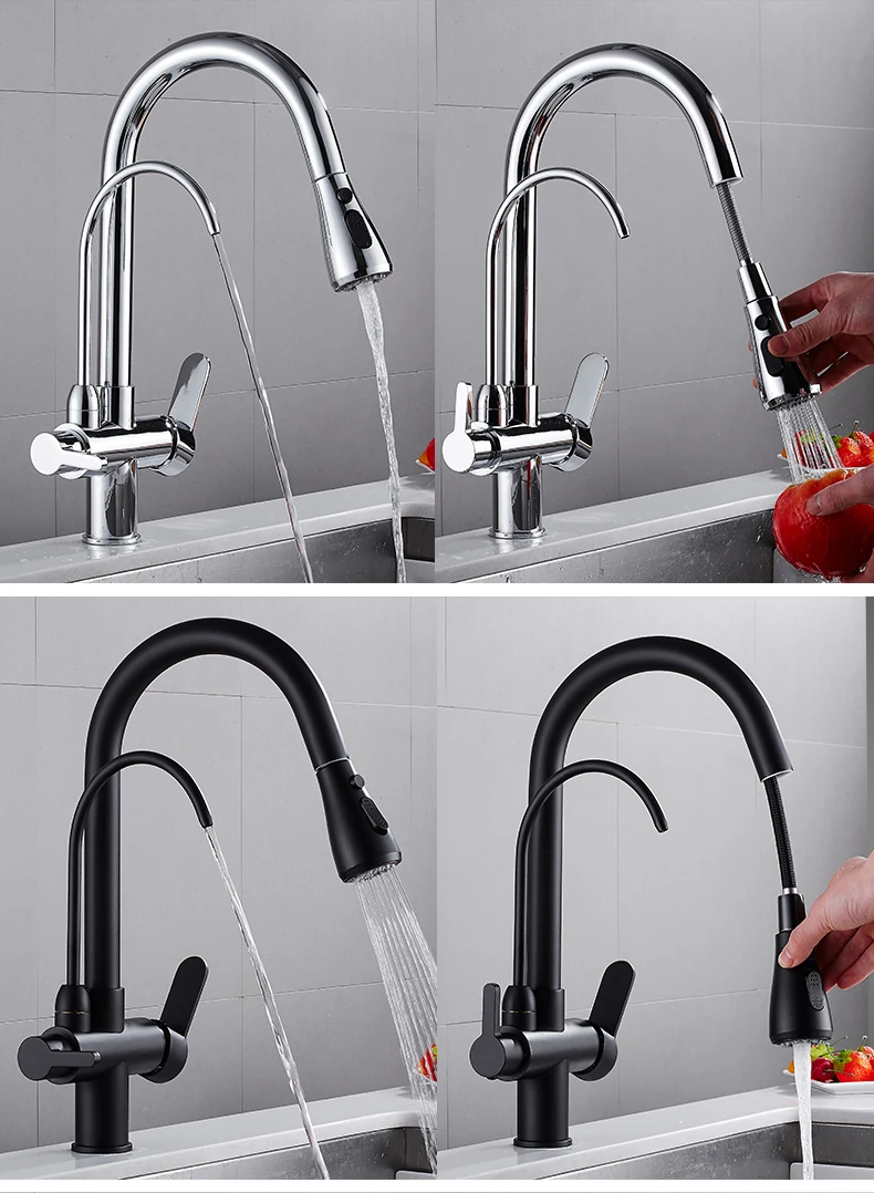 Brass Multifunction Three Ways Kitchen Pull Out Faucet Sink Mixer Tap For Kitchen